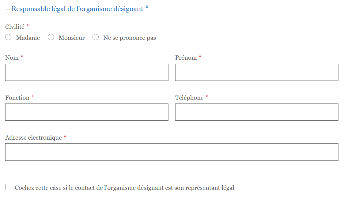 Formulaire CNIL, champs relatifs au responsable légal de l'organisme désignant